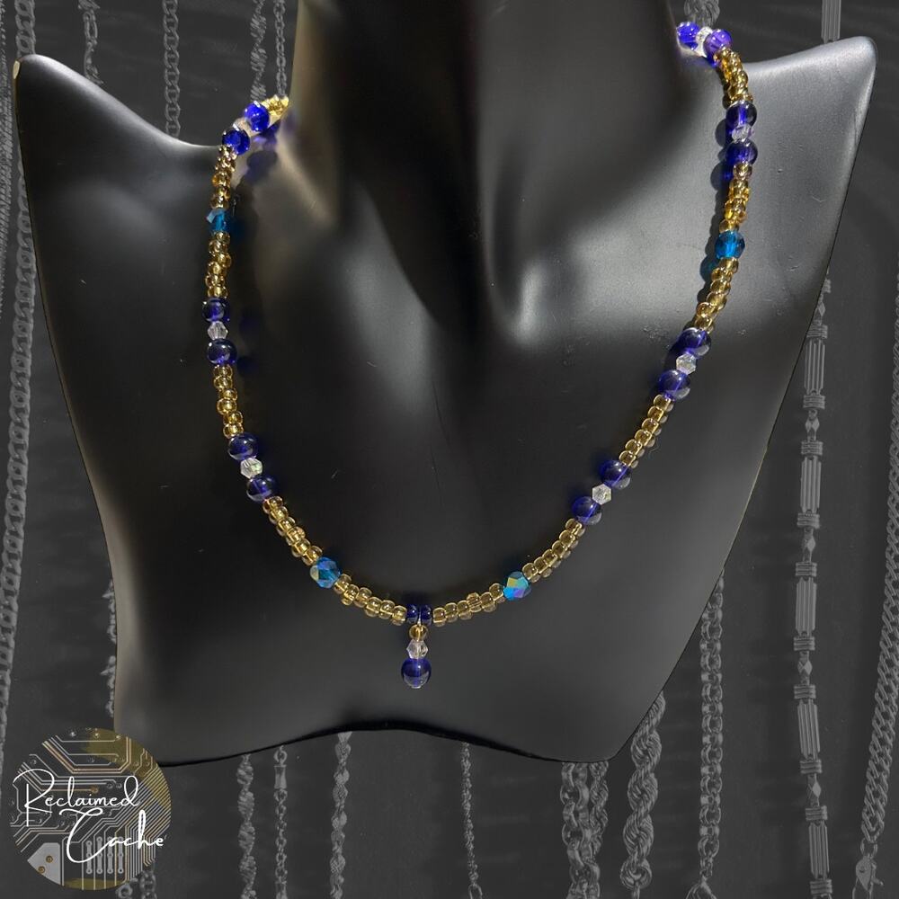 Gold and Blue Beaded Necklace